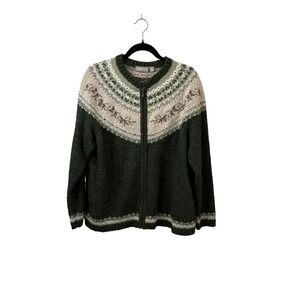 Croft & Barrow Womens 1X Green Fair Isle Silk Blend Zip Front Cardigan Sweater